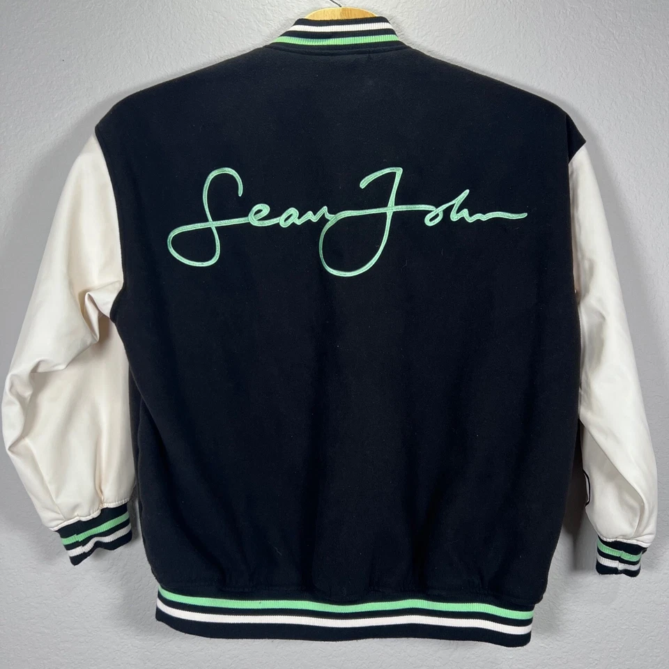 Chaqueta Universitaria Sean John X Missguided Bombardero Snap Completo Negra Verde Blanca EE. UU. 12 Foto 4 de 4