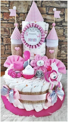 MARKENLOS Windeltorte rosa für Mädchen Schnullerpüppchen personalisiert Windelschloss