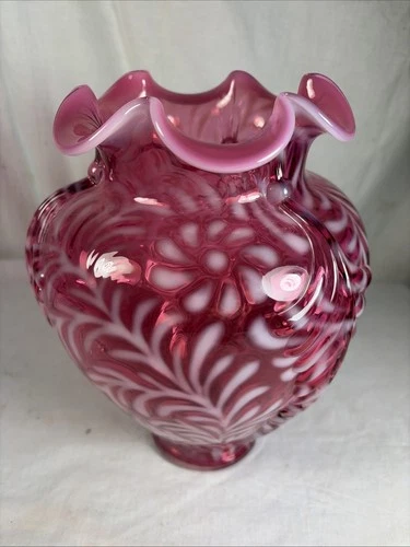 FENTON 10" CRANBERRY & OPALESCENT GLASS VASE with Ruffled Top