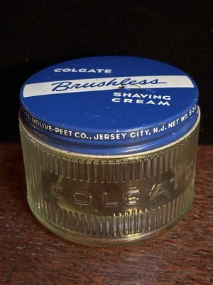Vintage Colgate Brushless Shaving Cream Advertising Glass Ribbed Jar