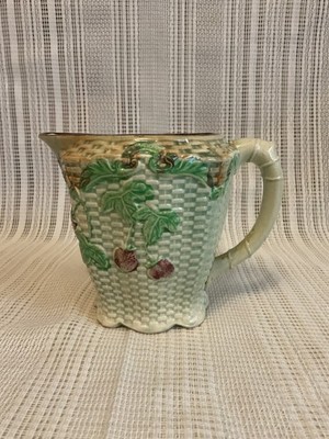 Antique Majolica Water Pitcher/Jug Wicker Cherries 5 1/4 In Tall