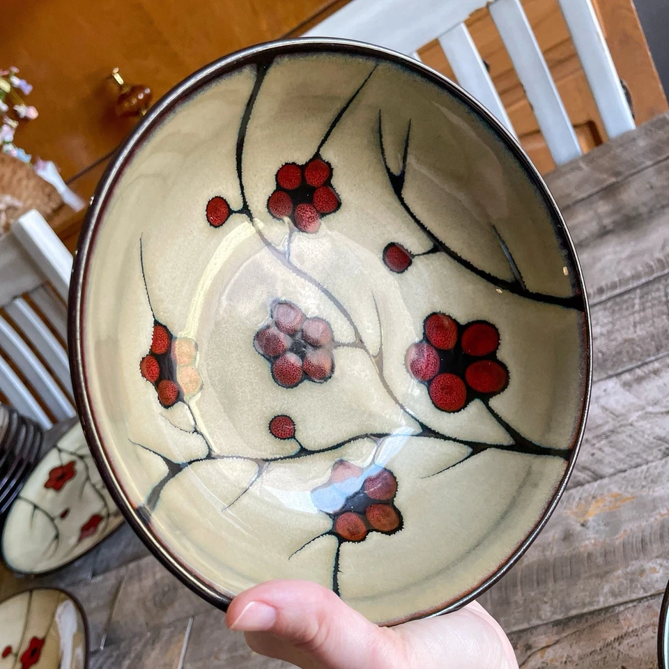 普法尔茨格拉夫阿斯特汤谷物碗 2 件装米色红色罂粟花 7 7/8 英寸 — 第 3/4 张图片