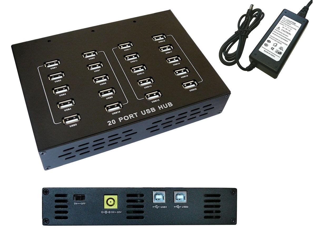 Hub industriel USB 2.0 avec 20 ports et alimentation 90W pour charge multiple