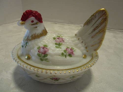 Vintage Westmoreland Charleton Hen on Nest Milk Glass Hand Painted Roses 1940s