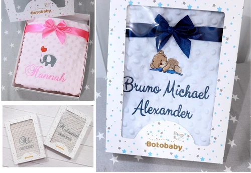 BotoBaby® Zweilagige Babydecke bestickt mit Name & Datum ★Geschenkbox ★ Geschenk