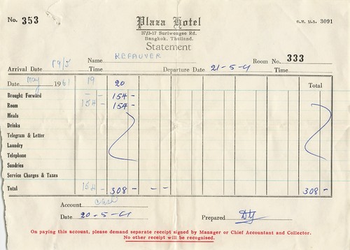 Mai 1961 Plaza Hotel Statement Quittung Bangkok Thailand - Bild 2 von 4
