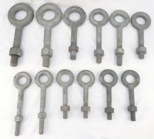 Assorted Lot of 12 Hot Dip Galvanized Eye Bolts with Nuts - 1", 7/8", 3/4", 5/8"