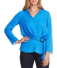 Vince Camuto Deep River Blue Ditsy Fragments Tie-Waist V-Neck Top Women Size L