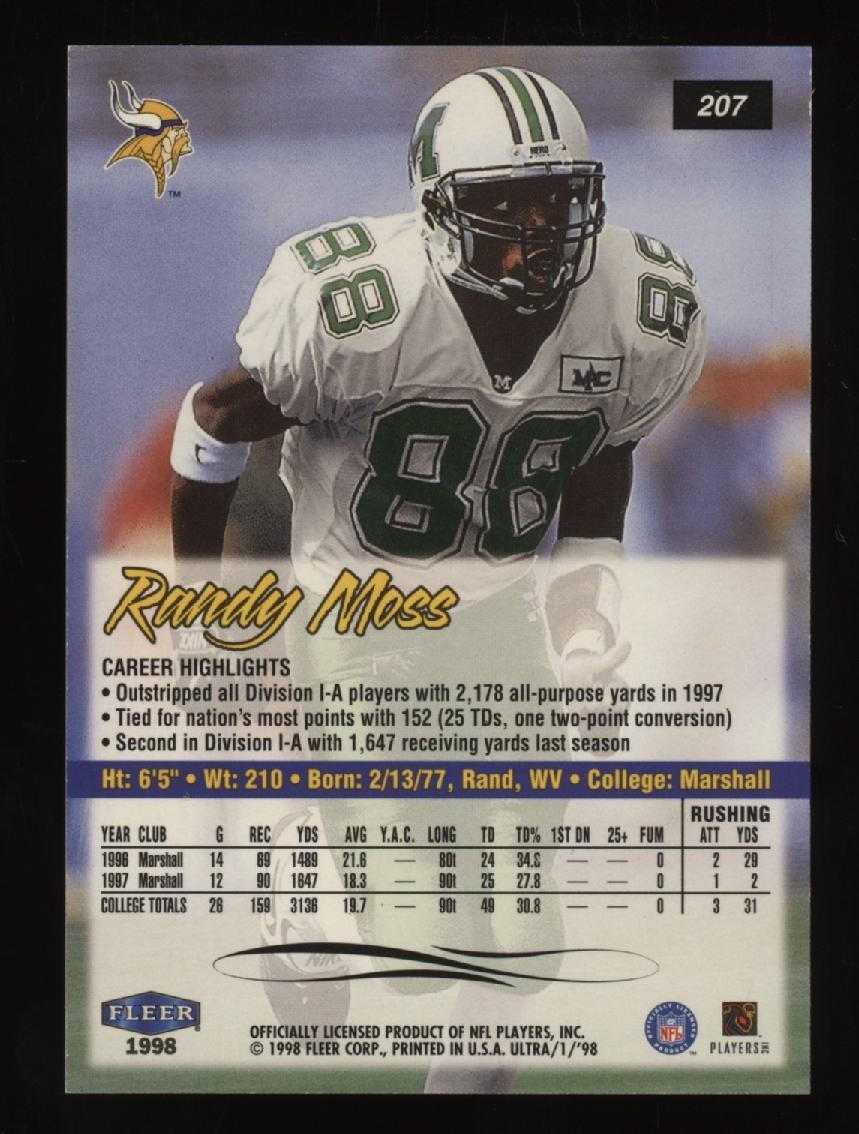 その他 1998 ULTRA RANDY MOSS ROOKIE 1998 Fleer Ultra Football #207 Randy Moss RC Rookie