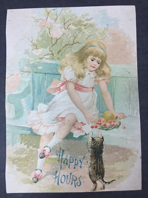 Antique 1880's Victorian Cut Out Paper Card Girl Tabby Cat Kitten Happy Hours 6''