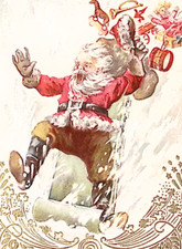Santa Green Pants Falls Down Hill Toys Scatter Gilt Embossed Christmas Postcard