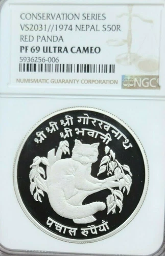 1974 NEPAL SILVER 50 RUPEE RED PANDA NGC PF 69 ULTRA CAMEO HIGH GRADE BEAUTY