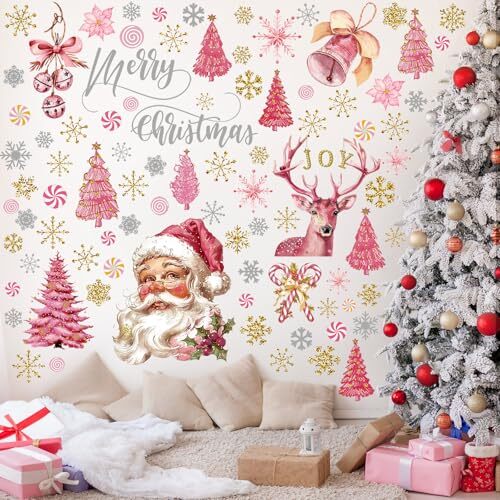 80 Pcs Merry Christmas Wall Sticker Pink Santa Claus Xmas Snowman