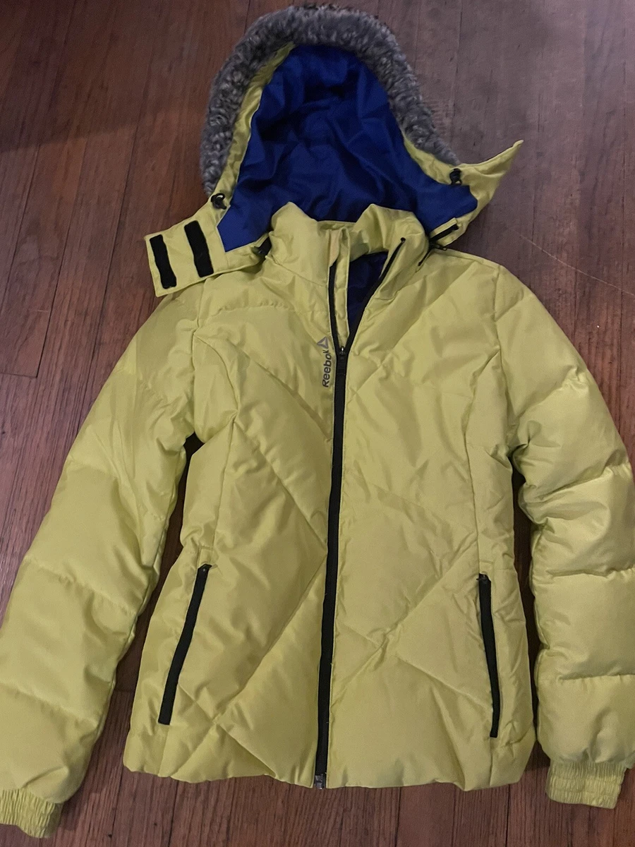Reebok lime green puffer down coat with removable hood woman s size XS