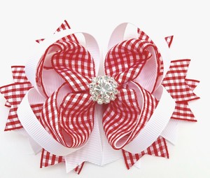 Red White Gingham Hair Clip Bow With Rhinestone School Hair