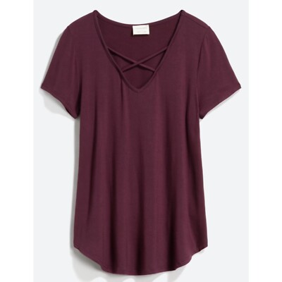 EMORY PARK Dulce Short Sleeve Purple Knit Deep V Criss Cross Cut Out Size Small