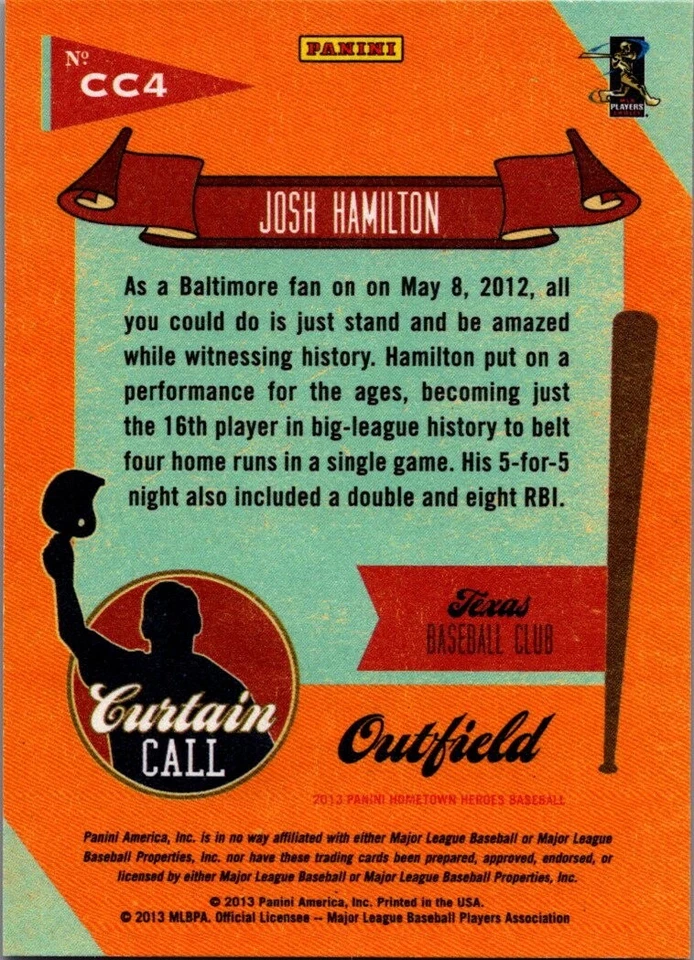 2013 Hometown Heroes Curtain Call #4 Josh Hamilton Texas Rangers - Image 2 of 2