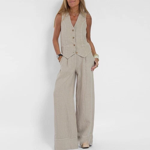 Women's suit jacket vest/top+pants new patchwork cotton linen casual set - Bild 18 von 34