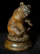 BLACK FOREST SEATED BEAR SWISS MUSIC BOX Wood Carved Glass PW Eyes ANTIQUE c1900