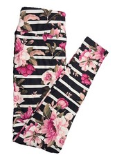 New LuLaRoe Black & White Stripe With Roses Floral Style Leggings OS Size (2-10)