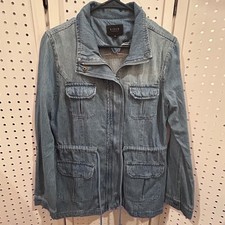 RISEN Denim Utility Jacket Medium Wash Drawstring Waist Front Pockets Size S