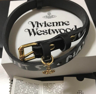 Vivienne Westwood Orb Choker Bracelet Leather Black Gold Outlet