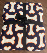PB Paws  Co. Dog Treats Throw Blanket 50x60 Fleece Navy White Orange Bones Soft
