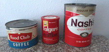 Lot of 3 VTG  Coffee cans  Food Club cab  Folgers  Nash's Tins