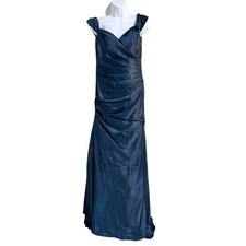 LA Femme Off the Shoulder Ruched Satin Trumpet Gown in Navy - 6 NWT