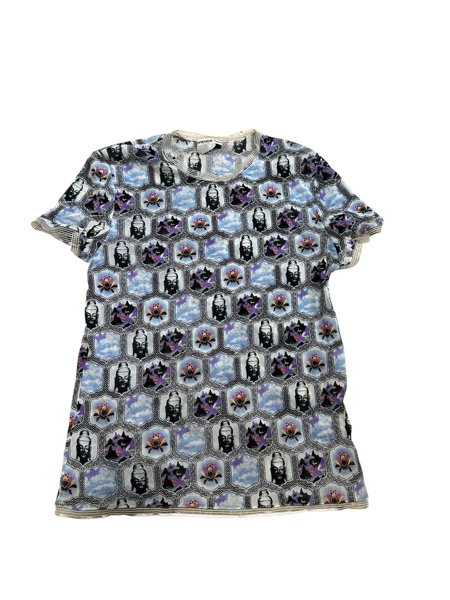 レア 90's VIVIENNE TAM 総柄グラデーショントップス Vivienne Tam Shirt Womens Small Mesh Sheer Buddha Floral Y2K
