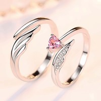 Crystal Heart Angel Wing Adjustable 925 Sterling Silver Ring Women Men Jewellery