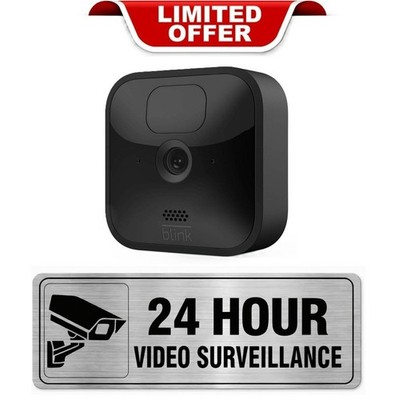 Blink schwarz Outdoor HD 1080p drahtlose Zusatz-Überwachungskamera + großes CCTV-Schild