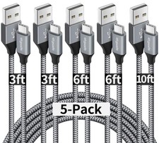 USB A to USB C Cable 5-Pack 3/3/6/6/10 ft, Fast Charging Type C Charger Cord ...