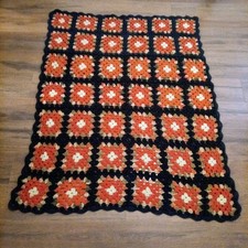 Vintage Granny Square Crochetd Afghan Lap Blanket Fall Colored Boho 48" X 40"