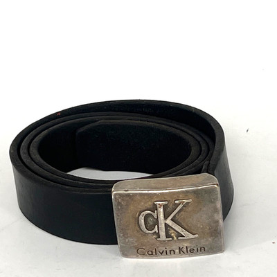 Vtg Calvin Klein Black Leather Belt Silver CK Logo Plaque Buckle Made in Italy L