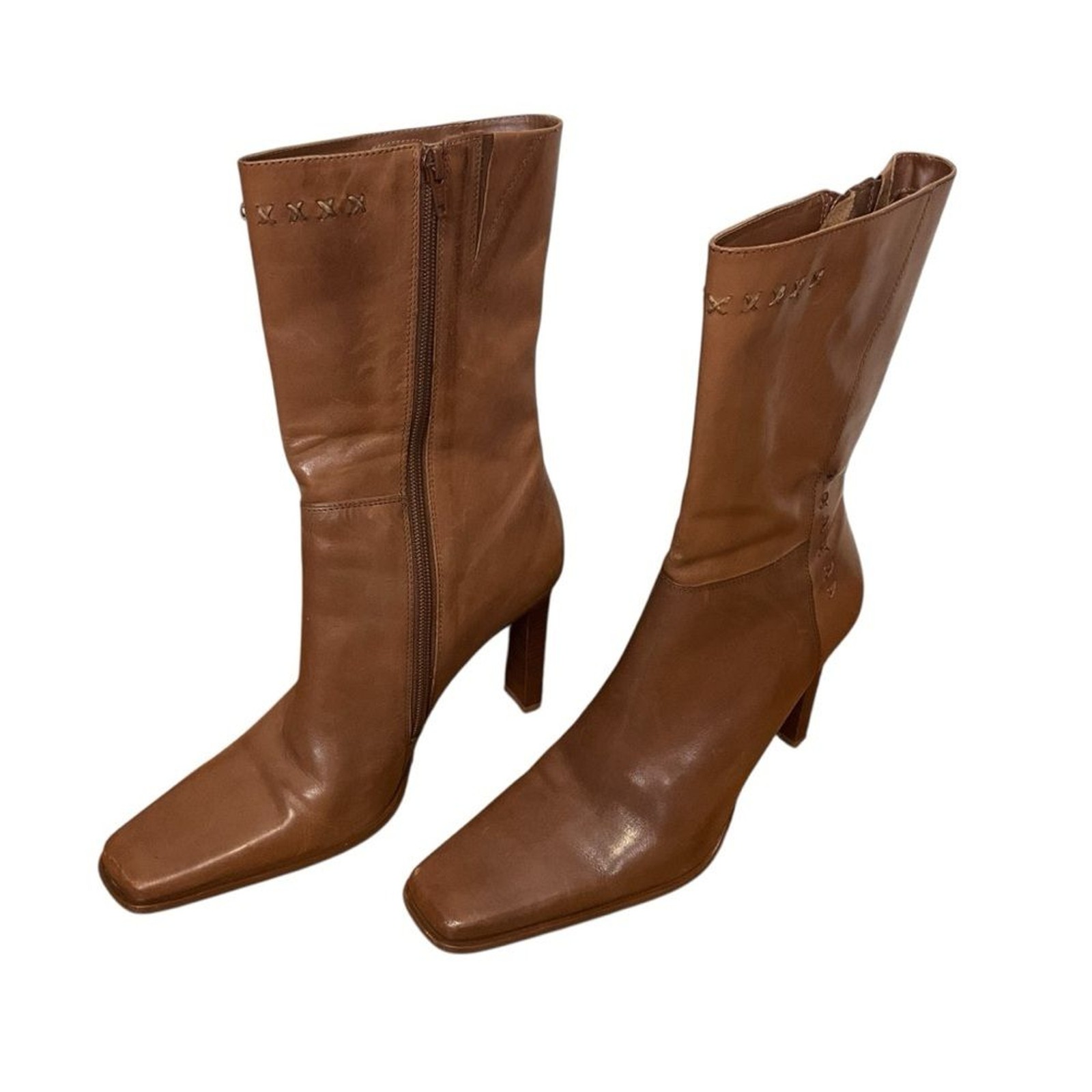 DIBA sz 9 Leather Heeled Boots Low Profile “ADENA” Zipper Square Toe Tan Brazil