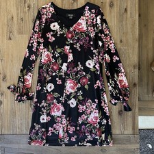 Black Floral Long Sleeve Shift Dress Romantic Medium Karen Kane