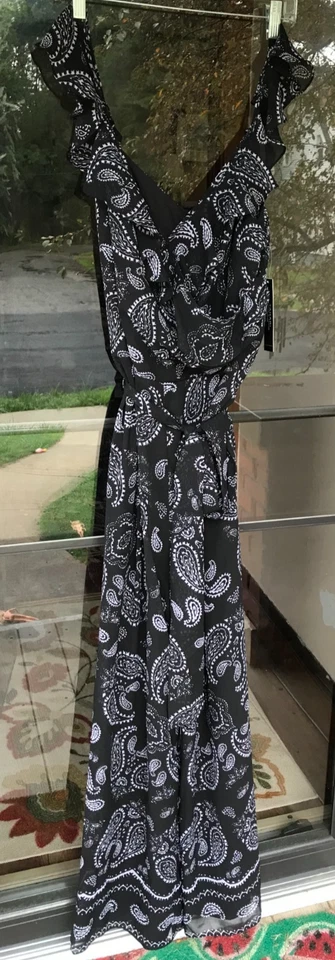 Tahari ASL sz 16 Black White Paisley Jumpsuit Cold/Off Shoulder $138 NWT 07 - Image 4 of 4