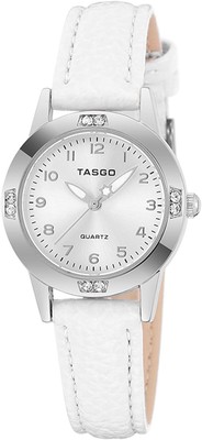 TASGO Damen Leder Quarz Uhr leicht ablesbar mit Diamant silber weiß 