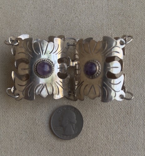 Vintage Sterling Silver Purple Amethyst Wide Link Panel 55.6 gr Bracelet #9 - Picture 9 of 13
