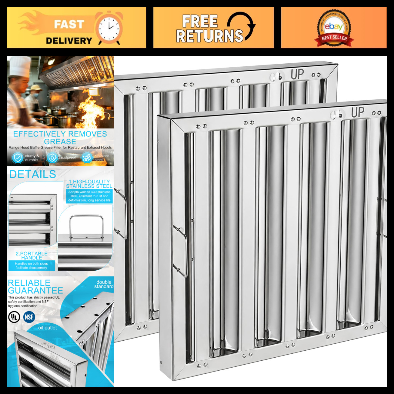 2 Pack Stainless Steel Range Hood Baffle Grease Filter | 15.7" x 15.7" | UL/NSF