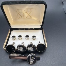 Cufflinks  Stud Set w/Tie Clasp Bar Black Onyx Look Silver Tone Formal With Box