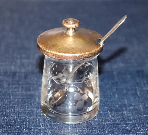 S. Kirk & Son Sterling Silver Lidded Glass Mustard Pot with OLD MARYLAND Ladle