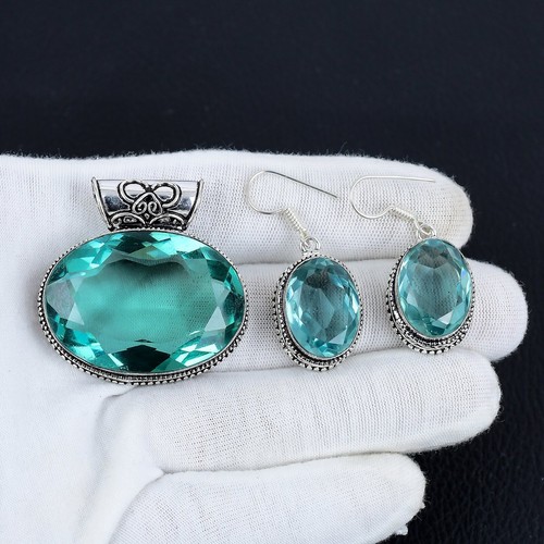Aqua Apatite Gemstone Handmade Silver Drop & Dangle Pedant +E arring Sat Jewelry - Picture 2 of 4