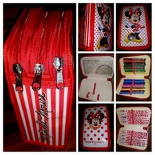 Pencil Multi Case Minnie Mouse 3 Zippers Red White Disney Markers Painting