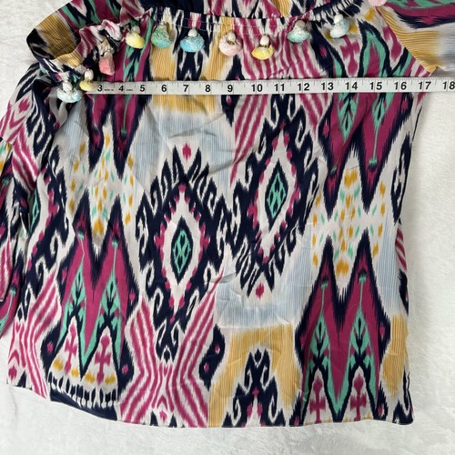Figue Saks Bohemian Ikat Silk Blouse Top Size Small Tassels Pink Off Shoulder - Picture 10 of 11