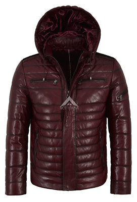 Herren Puffer Kapuze Lammfell Lederjacke Kirsche Echt Napa komplett gesteppt 2006