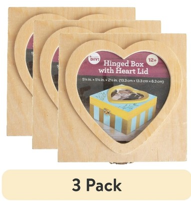 (3 pack)Cousin DIY Unfinished Brown Wood Hinged Box with Heart Lid,