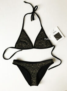 New Gorgeous Chanel 17a Two Piece Black Gold Tweed Bikini 36 Ebay