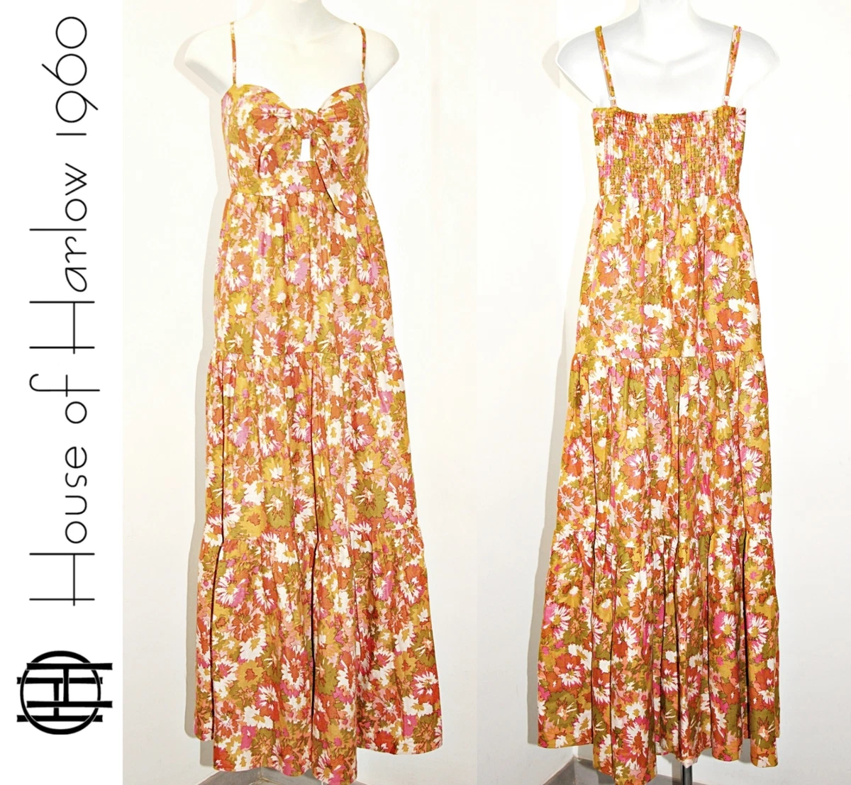 House of Harlow Bow Tie Front Linen Blend Tiered Maxi Dress in Mustard Pink sz L